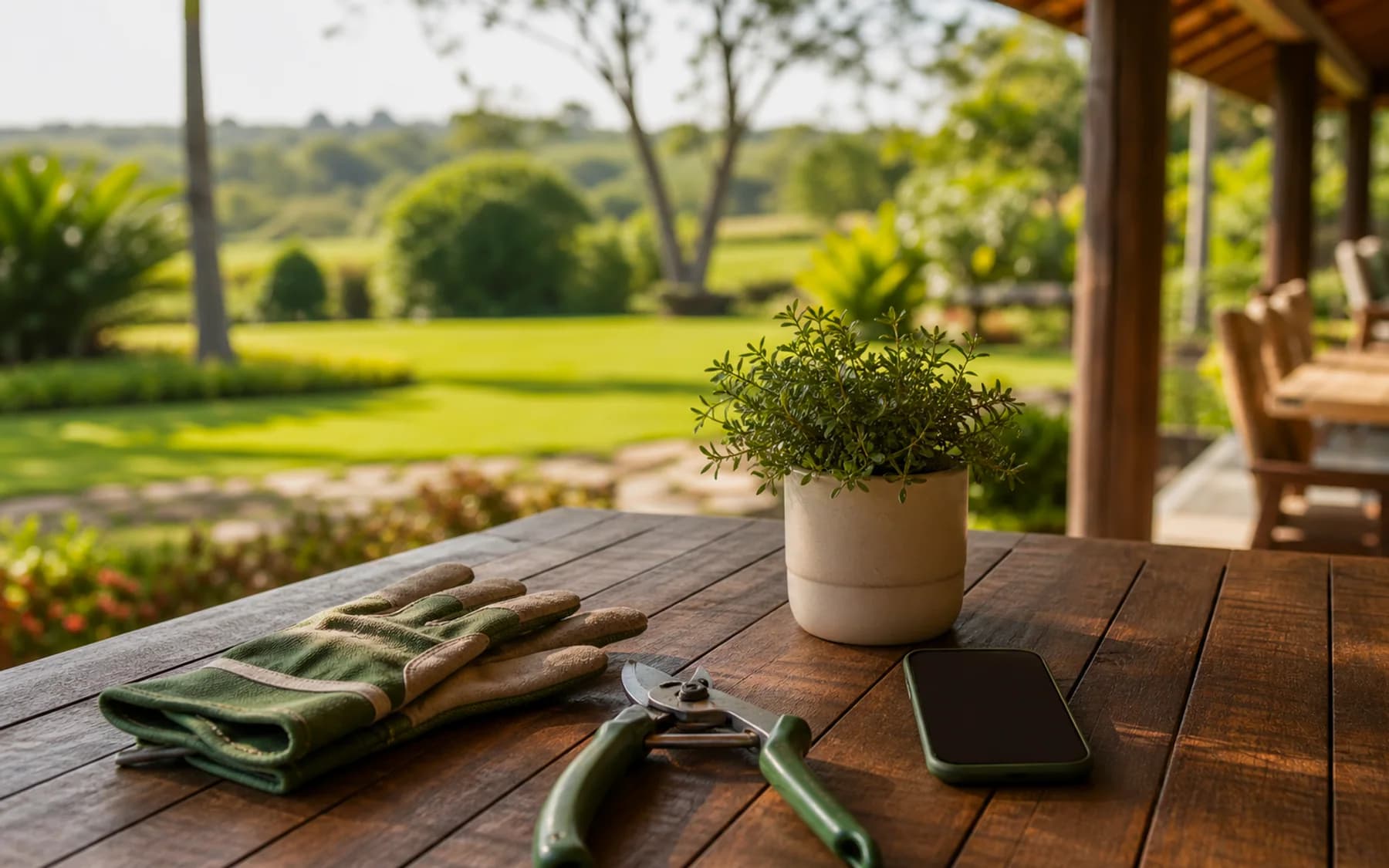 Mesa de varanda com ferramentas de jardinagem e planta em vaso para checklist mensal