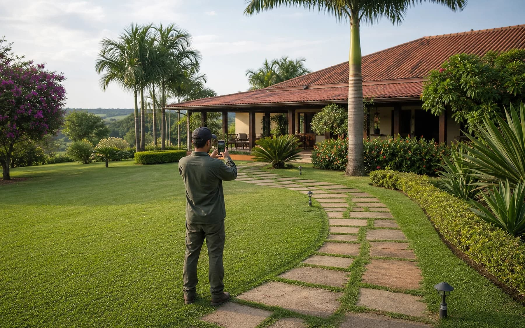 Profissional registrando fotos de chácara bem cuidada para proprietário à distância