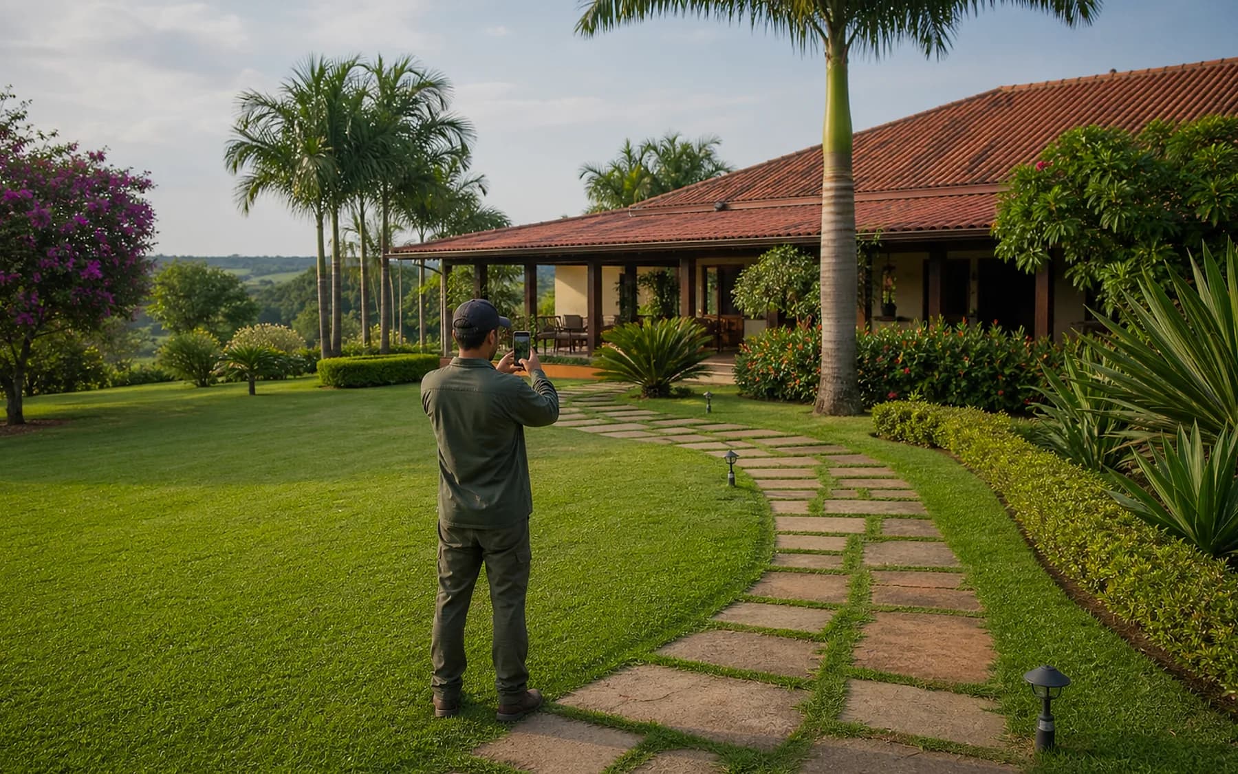 Caseiro fotografando jardim de chácara para acompanhamento externo
