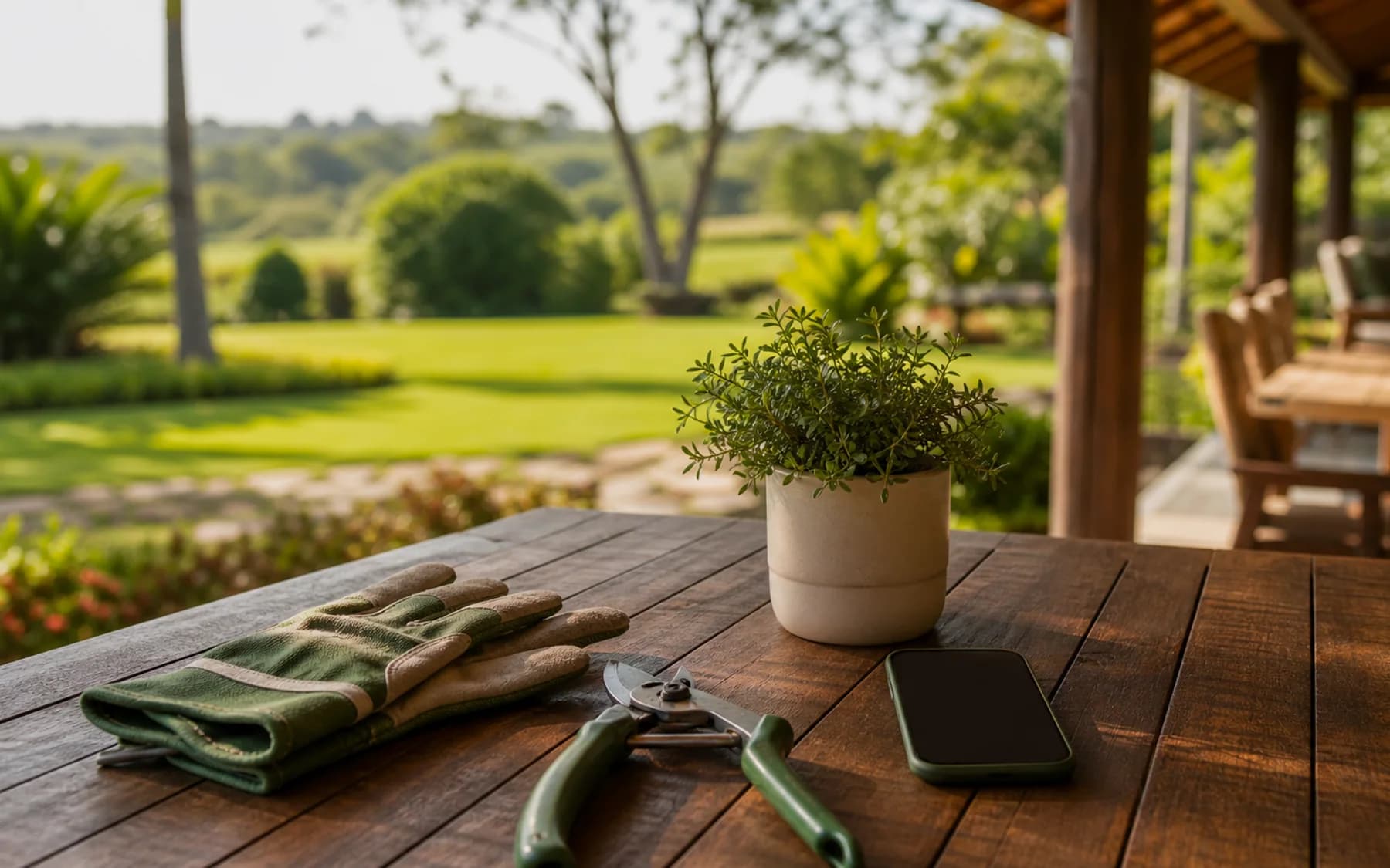 Ferramentas de jardinagem em varanda com jardim de chácara ao fundo
