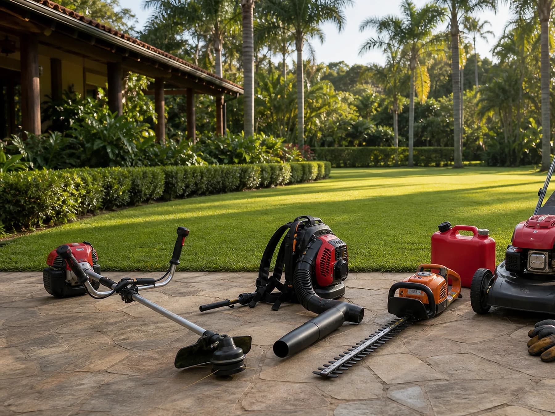 Motosserra entre equipamentos de manutenção externa em chácara