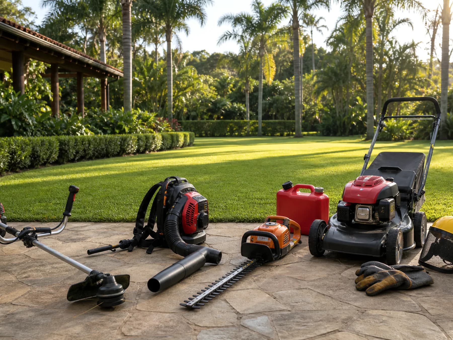Trator cortador de grama e equipamentos organizados em chácara premium
