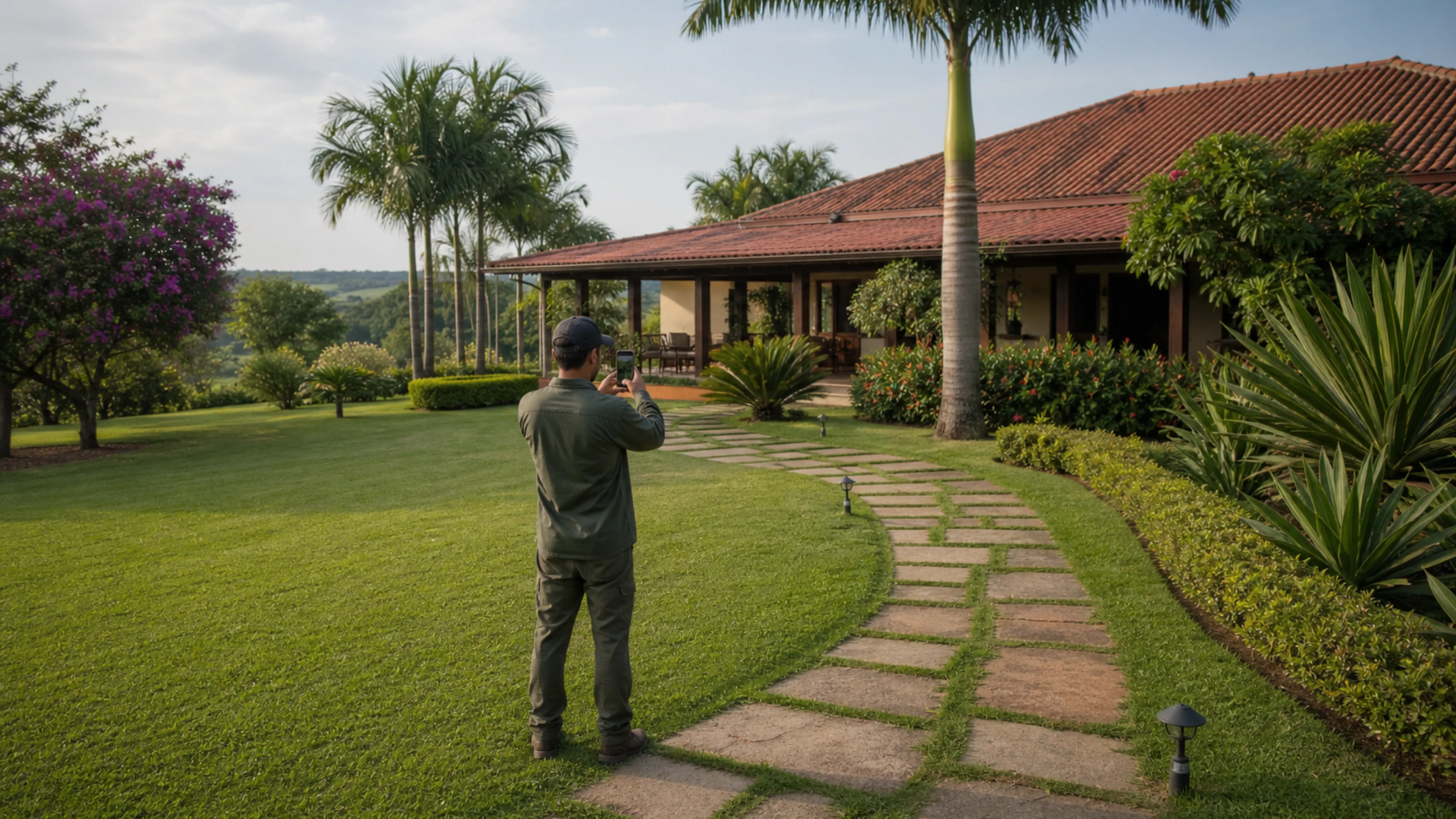 Profissional fotografando área externa de chácara cuidada para acompanhamento à distância
