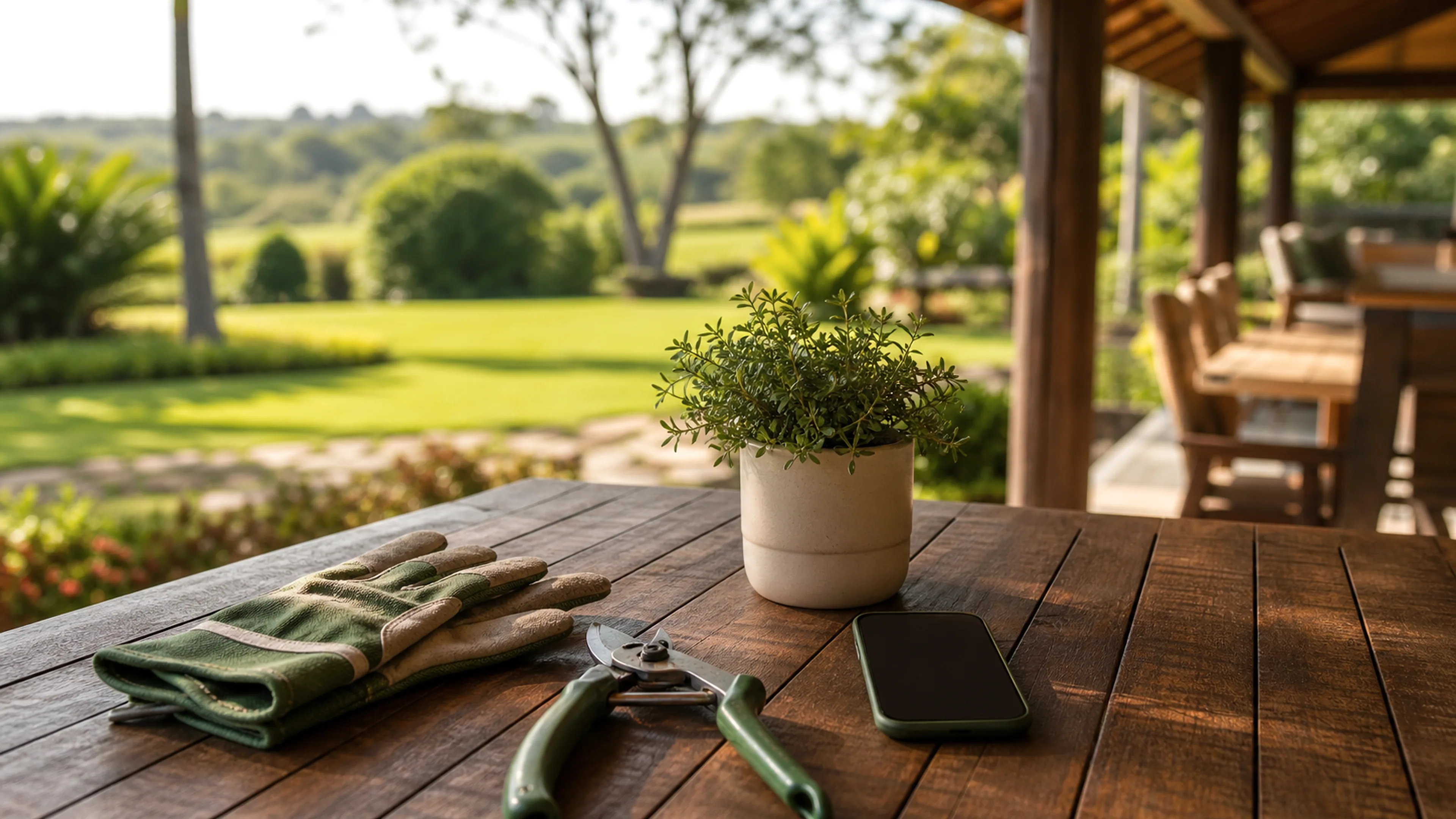 Mesa de varanda com ferramentas de jardinagem e planta em vaso para checklist mensal