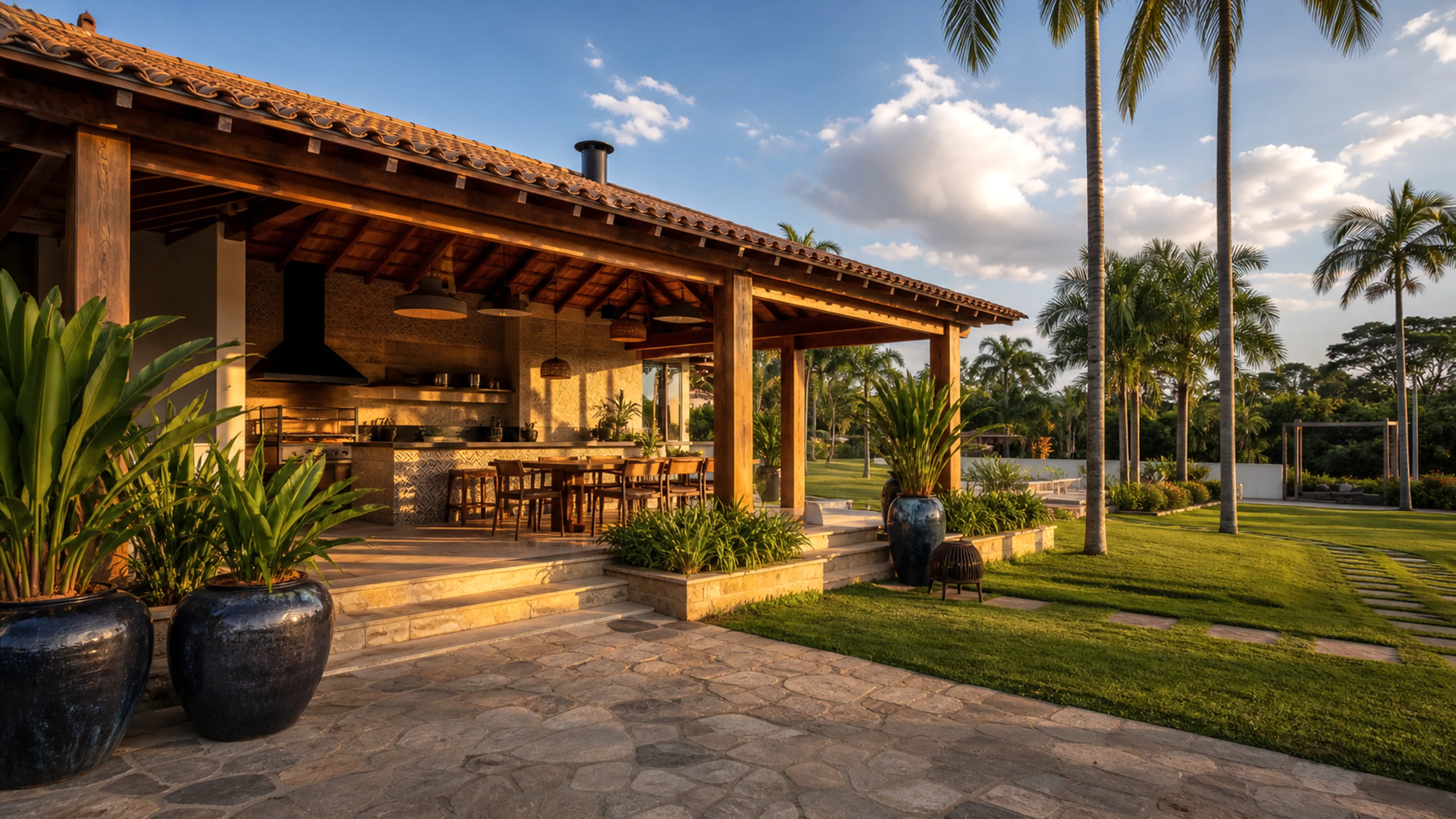 Área gourmet e jardim premium de chácara preparados para venda ou locação