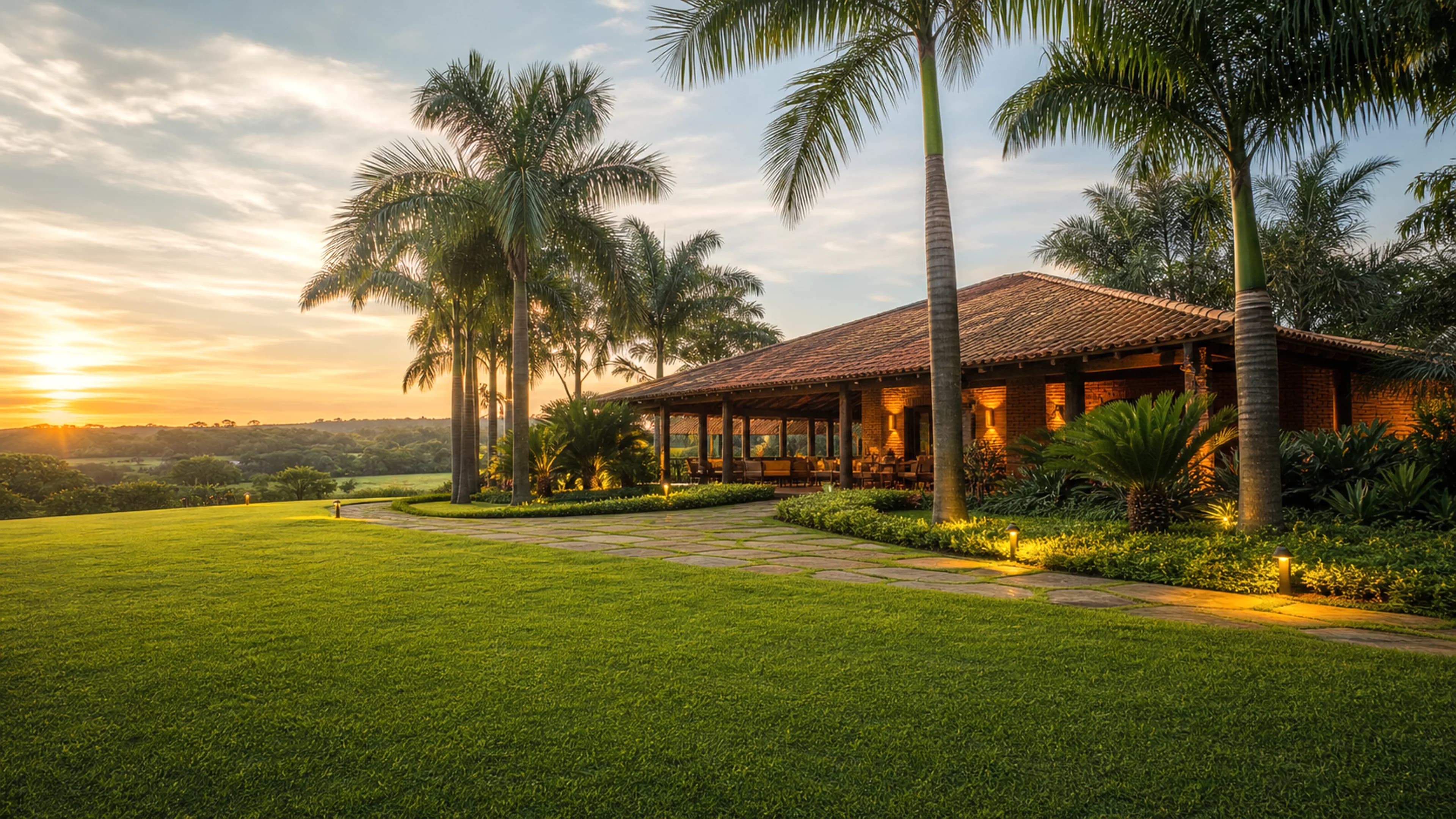 Chácara premium com gramado impecável, palmeiras e casa de campo iluminada