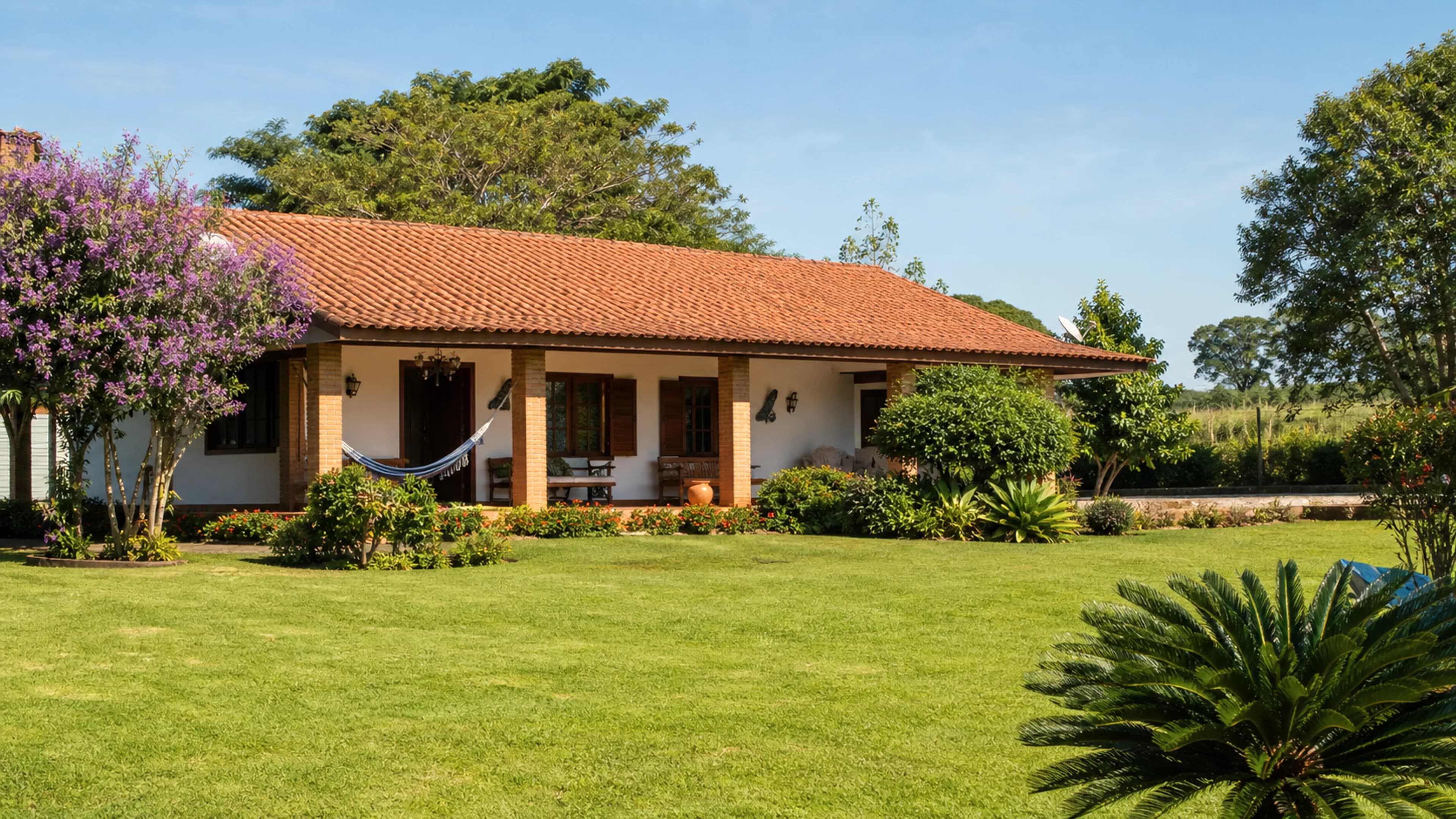 Chácara brasileira bem cuidada com jardim simples e elegante