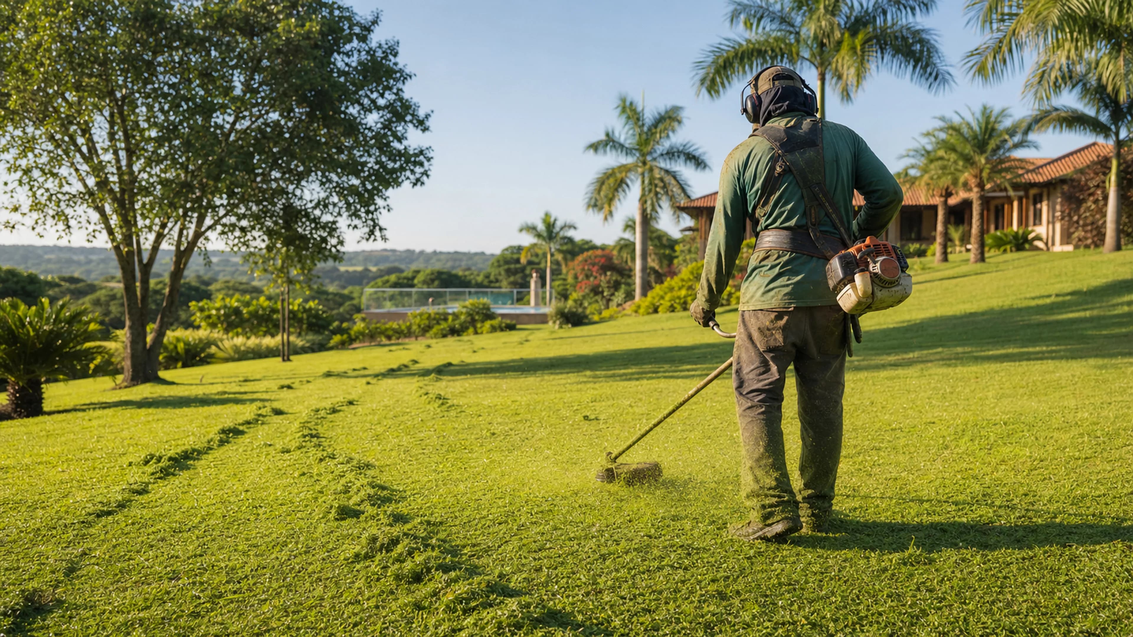 Roçagem profissional em área externa ampla de chácara
