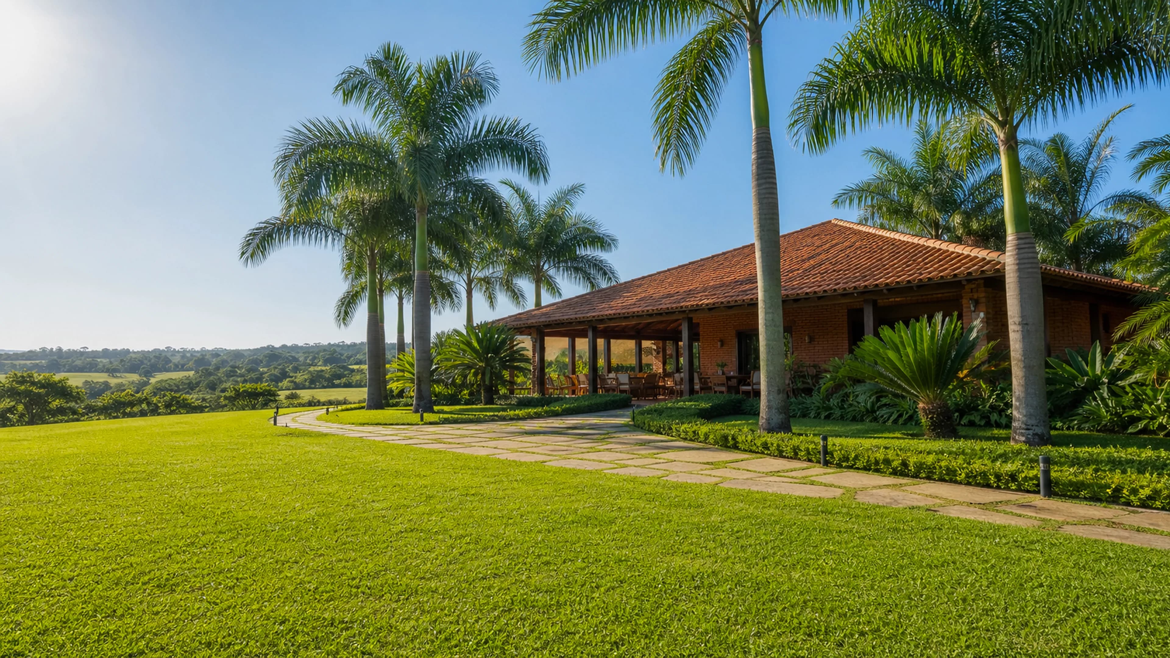 Jardim premium de chácara com gramado limpo e casa de campo ao fundo