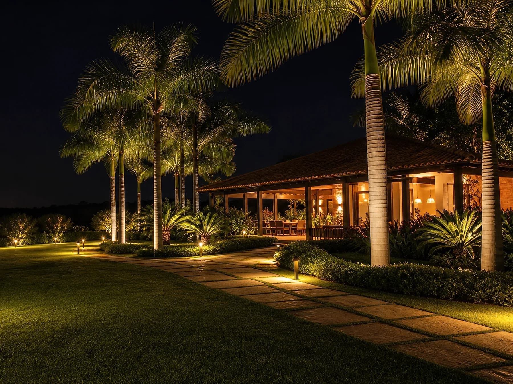 Entrada de chácara com jardim iluminado depois da manutenção à noite