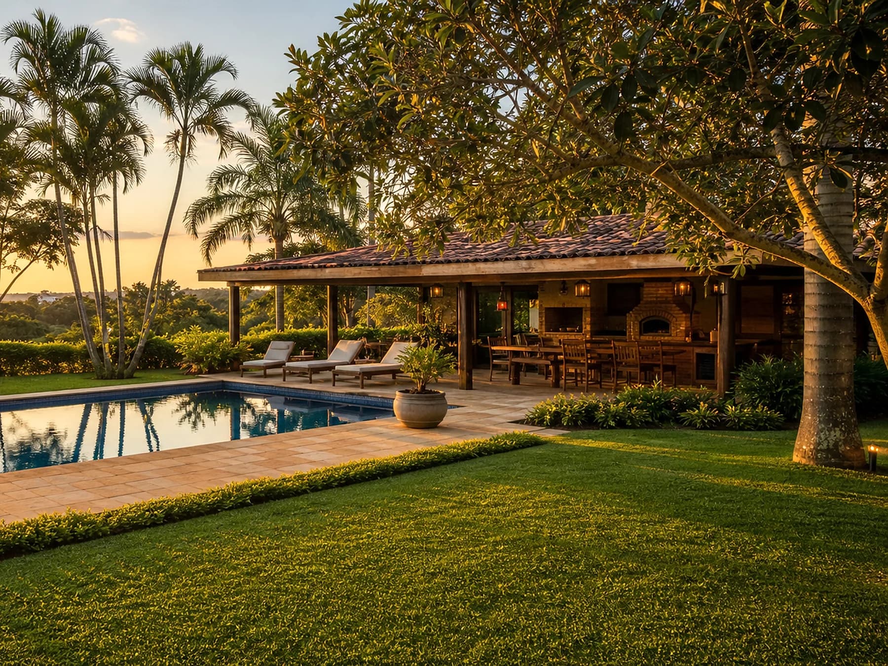 Lounge externo de chácara com piscina e jardim bem cuidado