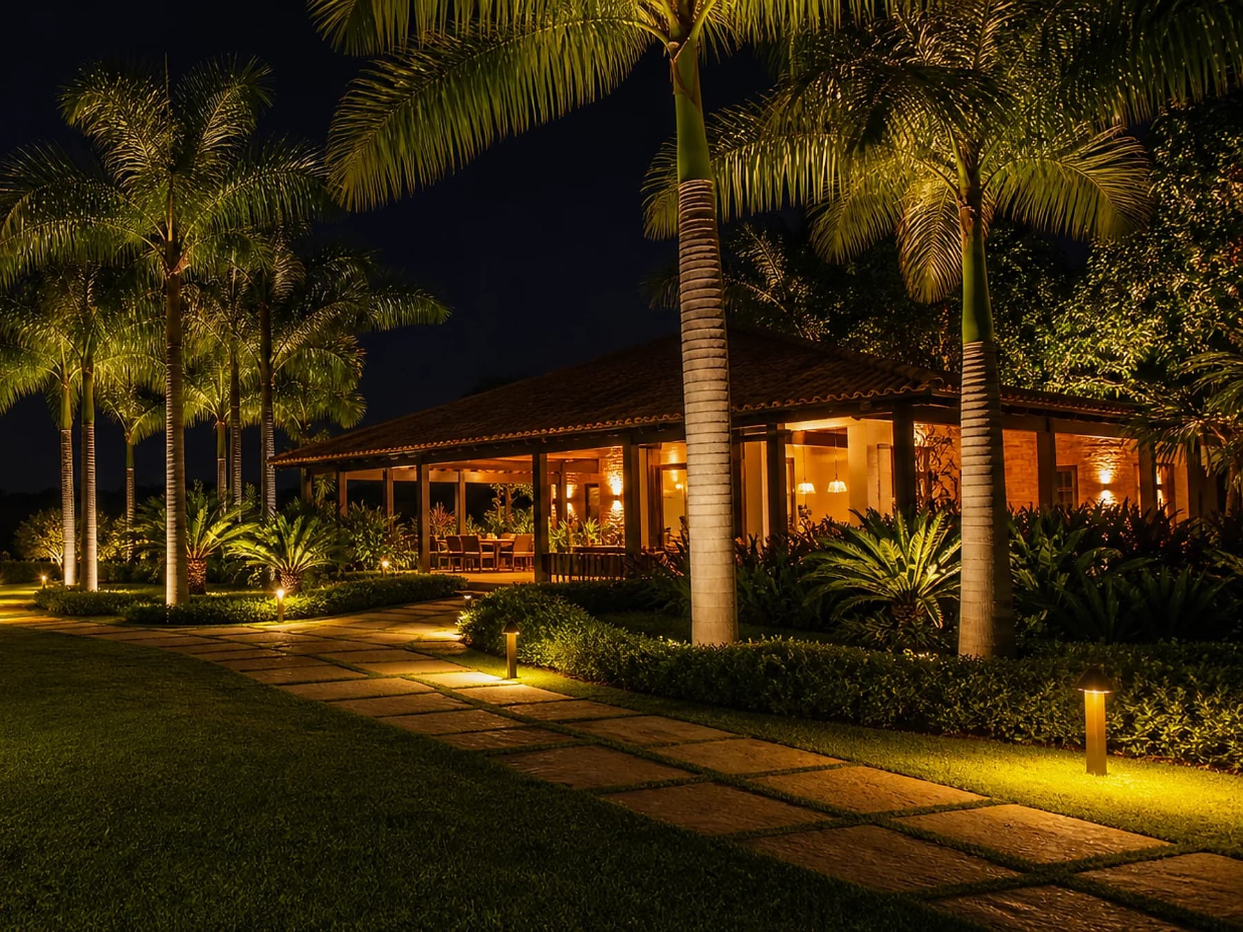 Jardim premium de chácara com iluminação quente em palmeiras e caminho