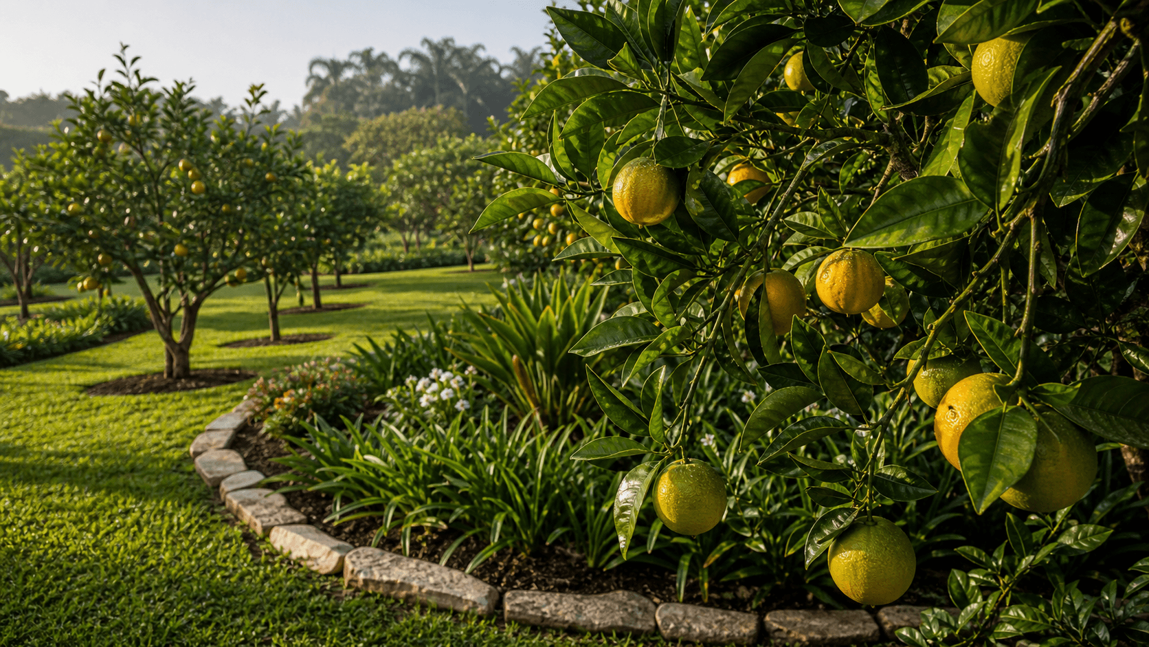 Pomar com árvores frutíferas e canteiros organizados em uma chácara