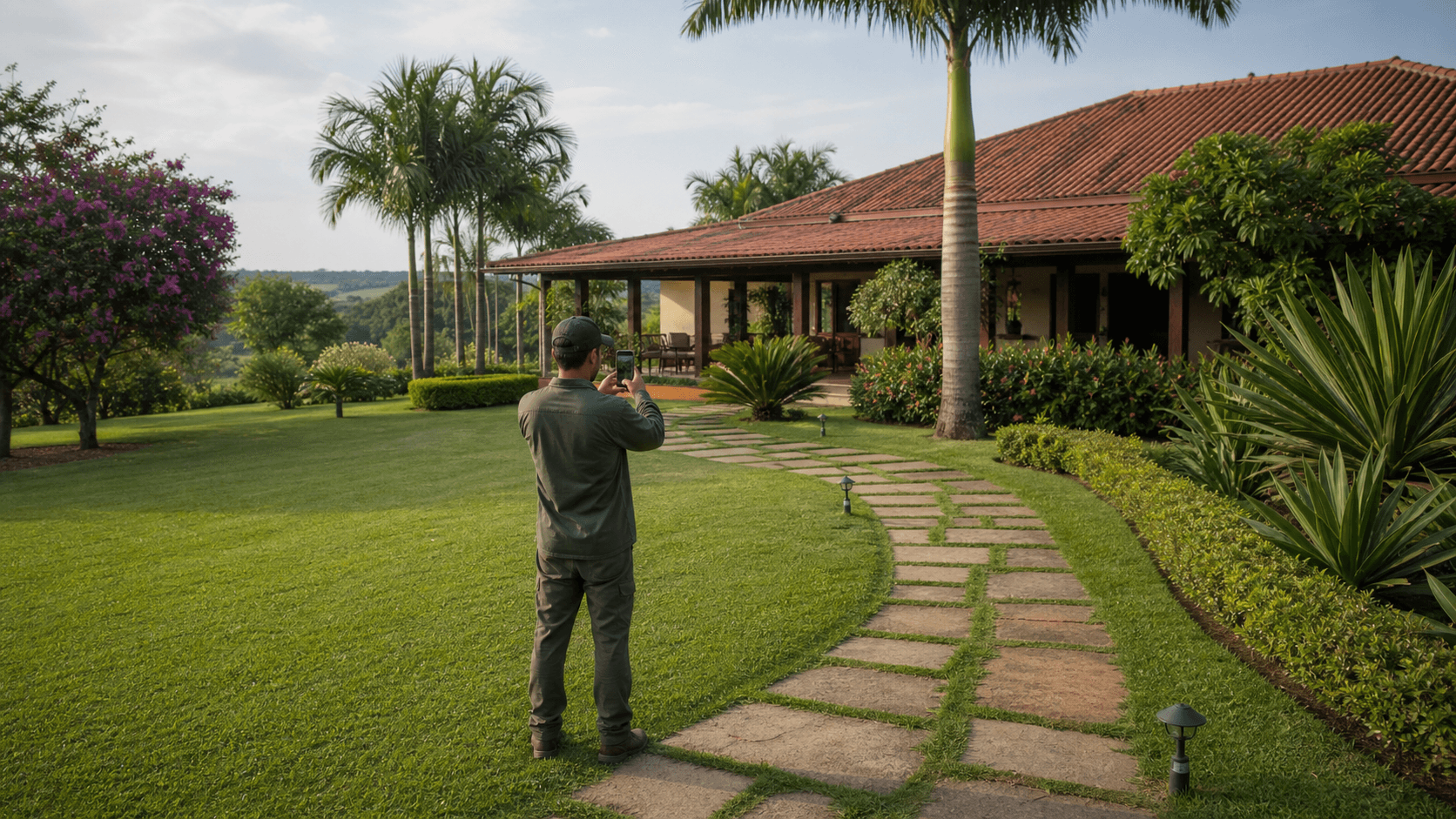 Profissional registrando por fotografia o estado do jardim de uma chácara