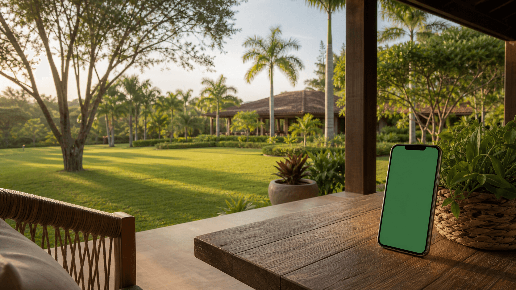 Celular sobre mesa de varanda com jardim bem cuidado ao fundo